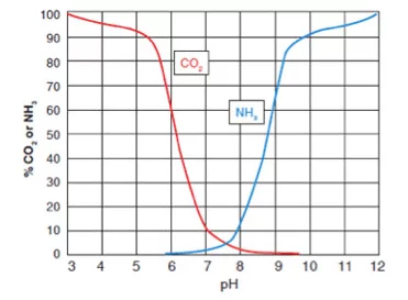 CO 2和pH相關，影響NH 3的毒性